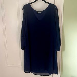 Lulu’s navy mini dress with peekaboo sleeves